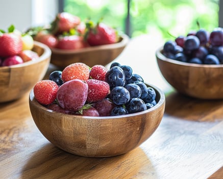 Embrace the serenity of mindful living with this vibrant composition featuring an array of fresh, organic fruits artfully arranged in rustic wooden bowls Bathed in the gentle embrace of soft, natural photo