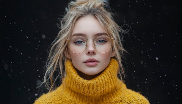 In a captivating display of playful charm, the subject dons oversized glasses, framing her face with a touch of whimsical elegance The minimalist outfit serves as a canvas, accentuating her natural photo