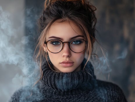 In a captivating portrait, a model's thoughtful gaze is accentuated by statement glasses, drawing the viewer into her world of introspection The muted background adds depth and focus to her features photo