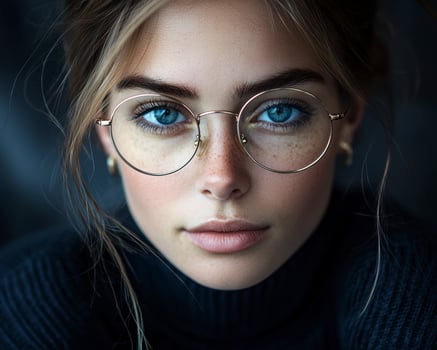 In a realm where grace and sophistication intertwine, a breathtaking beauty emerges, her portrait captured with a delicate touch, soft focus lending an ethereal quality to her visage Her features photo
