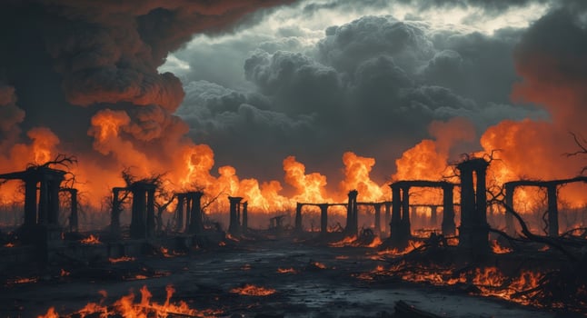 A burning city with smoke and fire photo