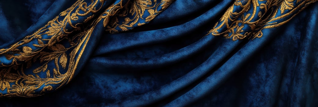 Luxurious blue velvet fabric with ornate gold embroidery detailing rich textures photo