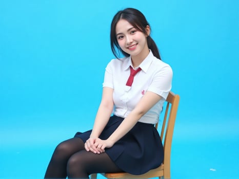 A young woman in a school uniform sitting on a chair photo