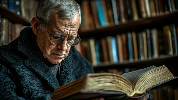 In the hushed ambiance of a personal library, an elderly gentleman meticulously analyzes the intricate details of various mutual fund investment options His furrowed brow hints at the depth of photo