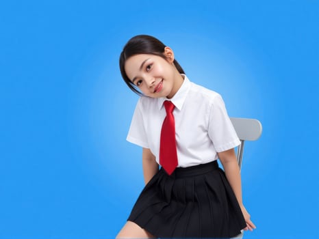 A girl in a school uniform sitting on a chair photo