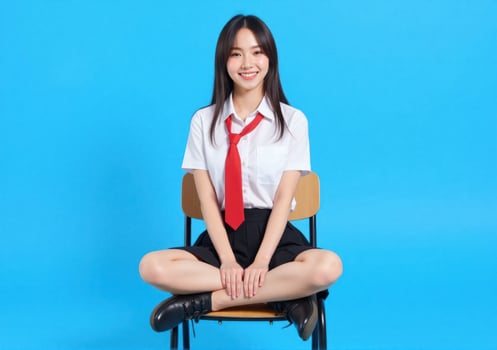 Asian girl in school uniform sitting on chair photo