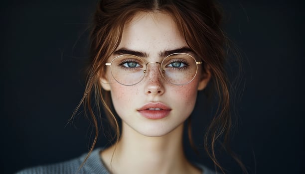 In the realm of refined elegance, a smart-casual portrait unfolds, capturing the essence of modern sophistication Adorned with subtle gold glasses, the subject exudes an air of understated glamour photo