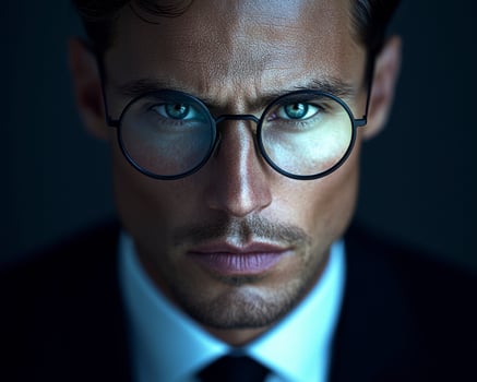 In the realm of sartorial elegance, behold a close-up that captures the essence of a sharp-dressed gentleman, his gaze intensified by the modern eyewear he dons The polished appeal of his attire is photo