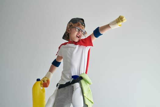 Funny boy in superhero costume standing with cleaning tools in s photo