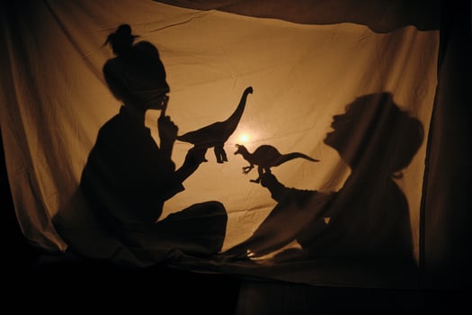 Mom and son playing with brachiosaurus in shadow theater photo