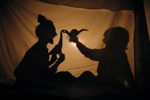 Silhouette of mother and son playing in shadow theater photo