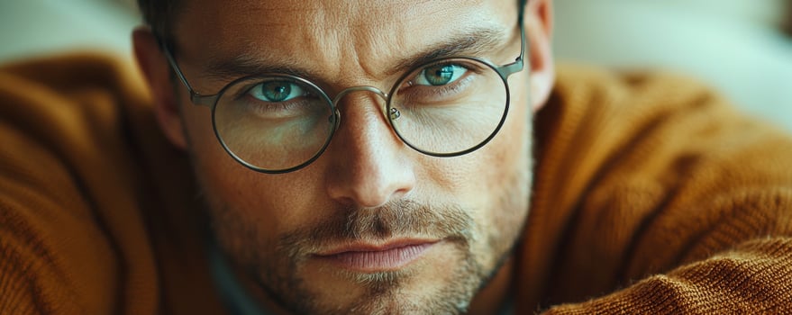 In this captivating close-up, a man's intense gaze pierces through the lens, framed by stylish round glasses His face, a canvas of experience, is illuminated with sharp details, accentuating the photo