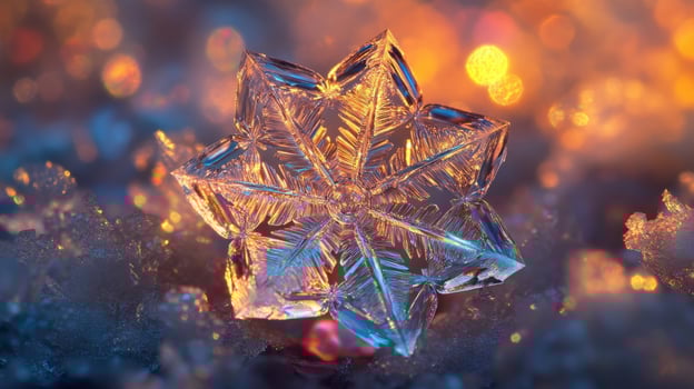 Close-up of glittering snowflake with vibrant bokeh lights in background reflecting winter beauty photo