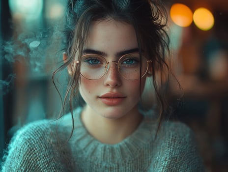 In this exquisitely rendered portrait, the subject exudes a serene elegance, her gaze holding both intelligence and quiet confidence The soft, diffused lighting accentuates the delicate features of photo