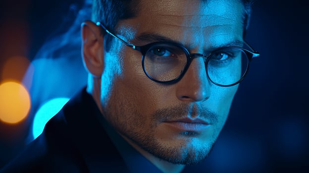 This image presents a captivating headshot of a business professional, exuding confidence and a fresh demeanor The subject is adorned with stylish glasses, adding a touch of sophistication to the photo