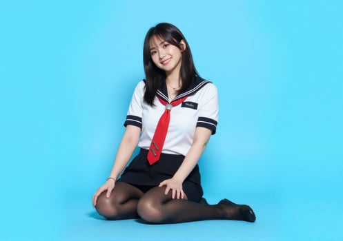 A young woman in a school uniform sitting on the floor photo