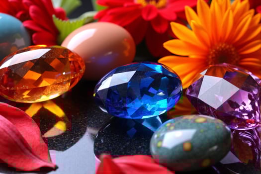 Colorful eggs, colorful flowers and a crystal photo