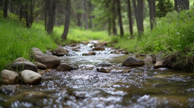 A stream of water flows through a forest with rocks and trees in the background. The water is clear and calm, and the rocks create a natural barrier that separates the water from the surrounding area photo