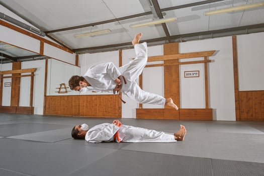 Two people with mask and kimono practicing krav maga photo