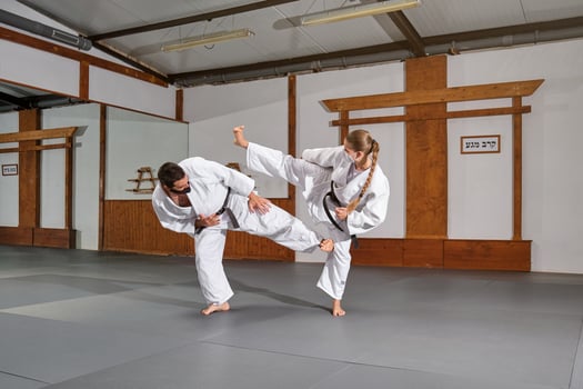 Two people with mask and kimono practicing krav maga kicks in a photo