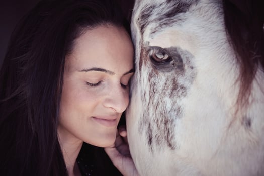 Tender woman caressing horse in paddock photo