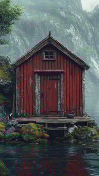 Charming red wooden cabin by the water surrounded by foggy mountains in a serene landscape photo