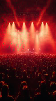 Concert under vibrant red lights featuring a lively audience and a performing band on stage photo
