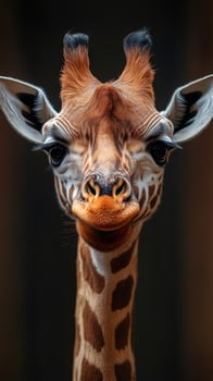 Giraffe with distinctive features gracefully poses against a dark background in a tranquil environment photo