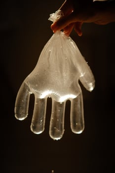 Crop person with disposable glove full of water photo