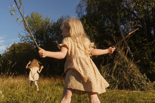 Little girls playing in countryside with sticks photo