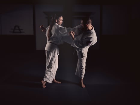 Man kicking woman during Krav Maga training photo