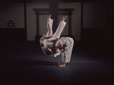 Male and female judo practitioners performing throw exercise in studio photo