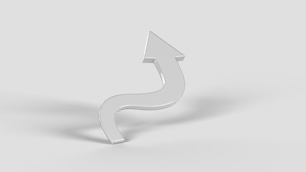 3D white curved arrow symbol on the white backdrop, left view photo