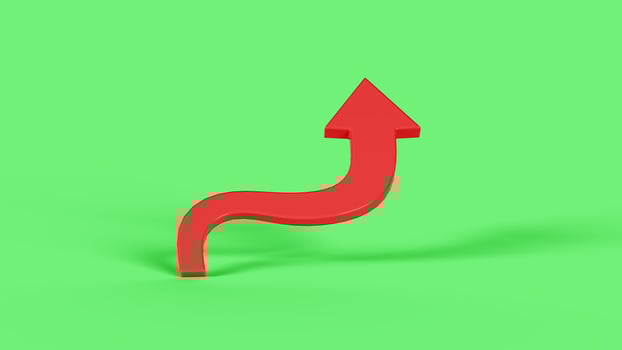 3D red curved arrow symbol on green backdrop photo