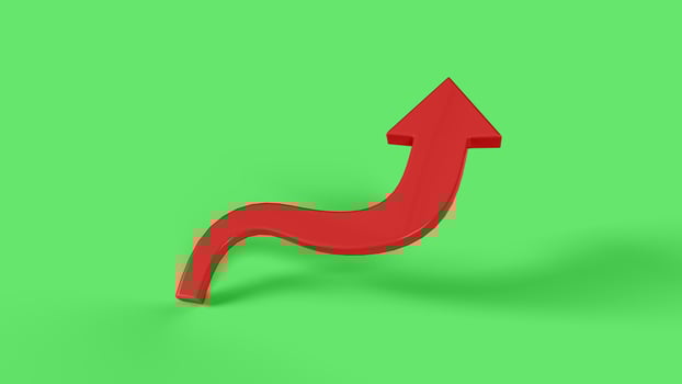 3D red curved arrow symbol in the green scene, right view photo