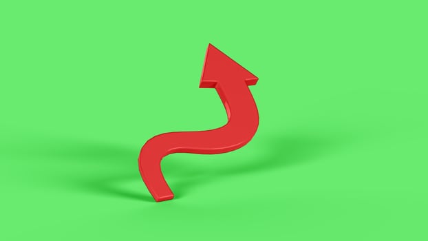 3D red curved arrow symbol in green scenario, left view photo