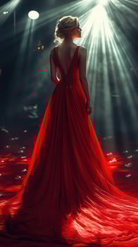 Elegant woman in a red gown standing under dramatic lighting at a formal event in an upscale venue photo