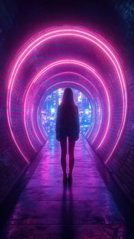 Woman stands in glowing tunnel with neon lights at night in an urban setting photo