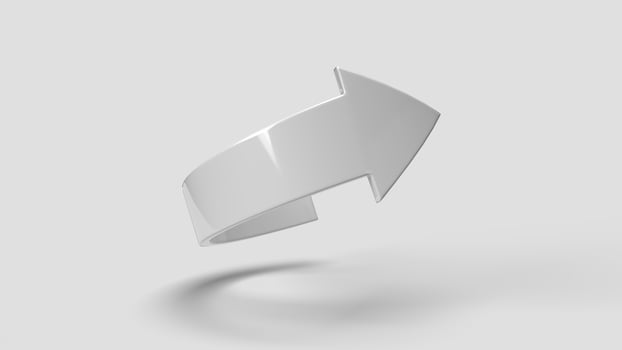 White 3D curved arrow symbol on white background, right view photo