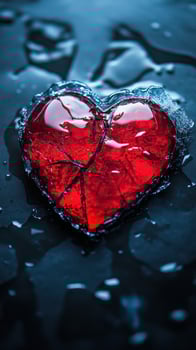 Heart-shaped ice with cracks resting on a dark surface surrounded by water droplets photo