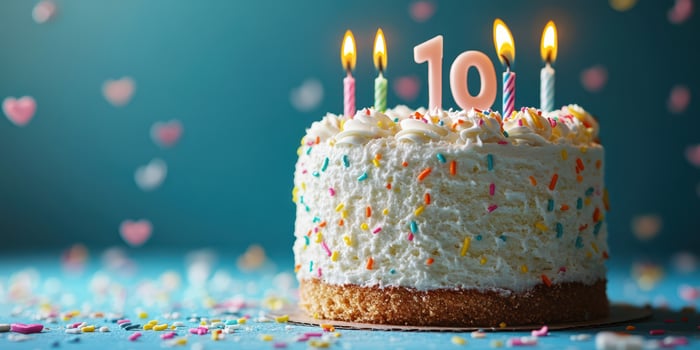 Celebrate milestone with a decorated birthday cake featuring candles and colorful sprinkles for a 10th birthday party photo