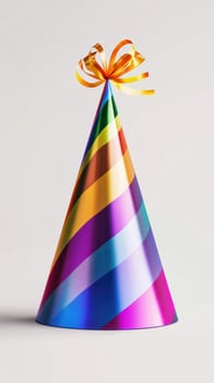Colorful party hat with rainbow stripes and a shiny bow for festive celebrations and events photo