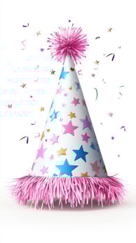 Colorful party hat with stars and confetti for festive celebrations photo
