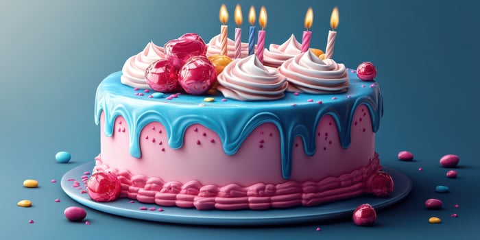 Colorful birthday cake with candles and decorations for a joyful celebration photo