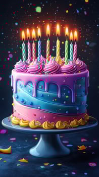Colorful birthday cake with candles and confetti shining brightly at a festive celebration during nighttime photo