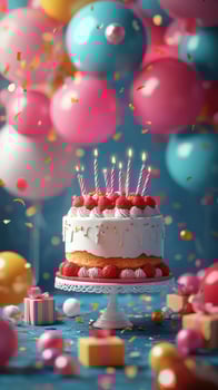Colorful birthday cake with candles surrounded by balloons and festive decorations in a joyful celebration setting photo