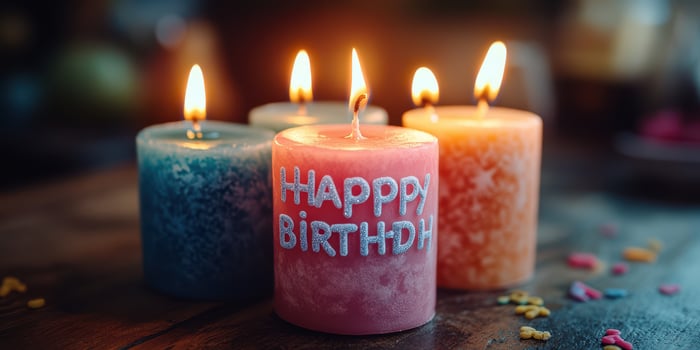 Colorful birthday candles illuminate a festive celebration at home in the evening photo