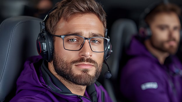 Focused Man with Ice Crystals on Face in Purple Jacket photo