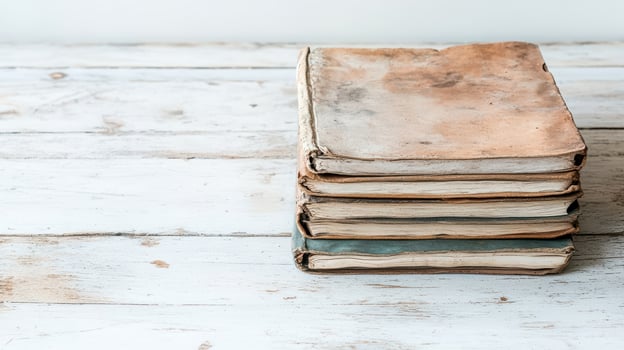 Worn leather bound books stacked on rustic wooden surface evoke nostalgia photo
