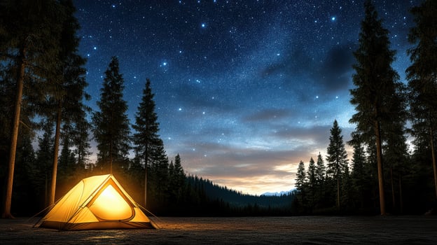 serene campsite under starry sky, featuring glowing tent and tall trees photo